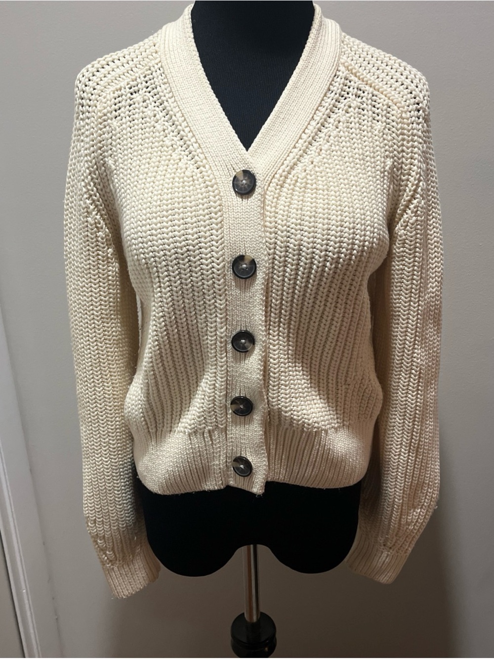 Everlane The Texture Cotton Cardigan Sweater Womens XS Ivory Ribbed Chunky Knit